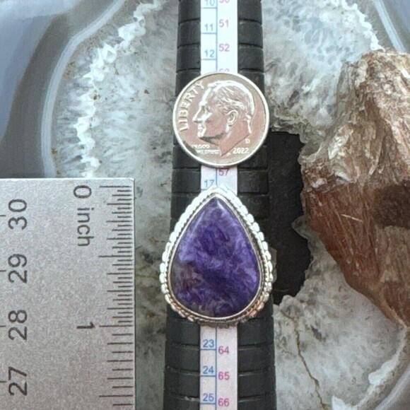 Sterling Southwestern Style Teardrop Charoite Decorated Ring Size 9.5 For Women